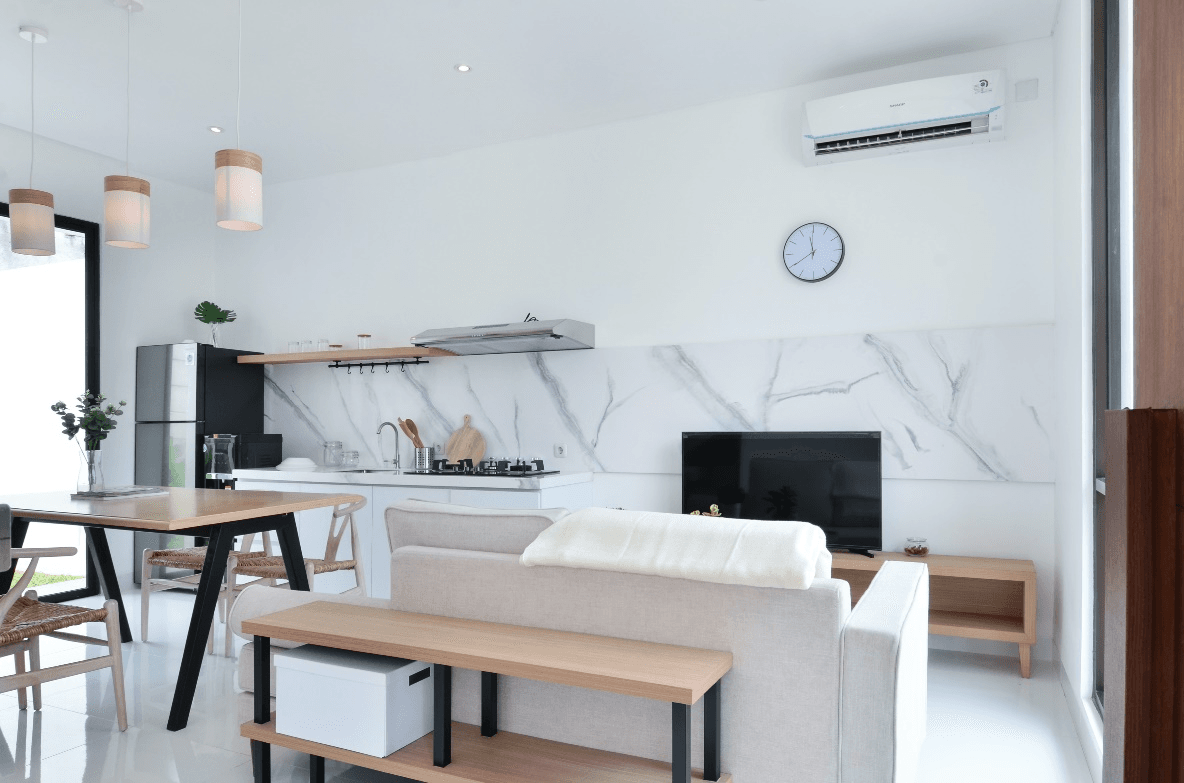 a living room with an air conditioner 